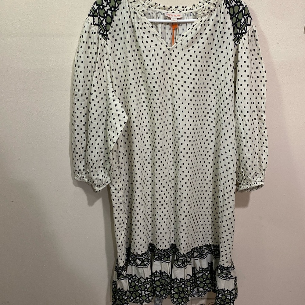 KNOX ROSE OFF WHITE WOMEN RUFFLE LONG SLEEVE DRESS WITH GREEN DETAILS